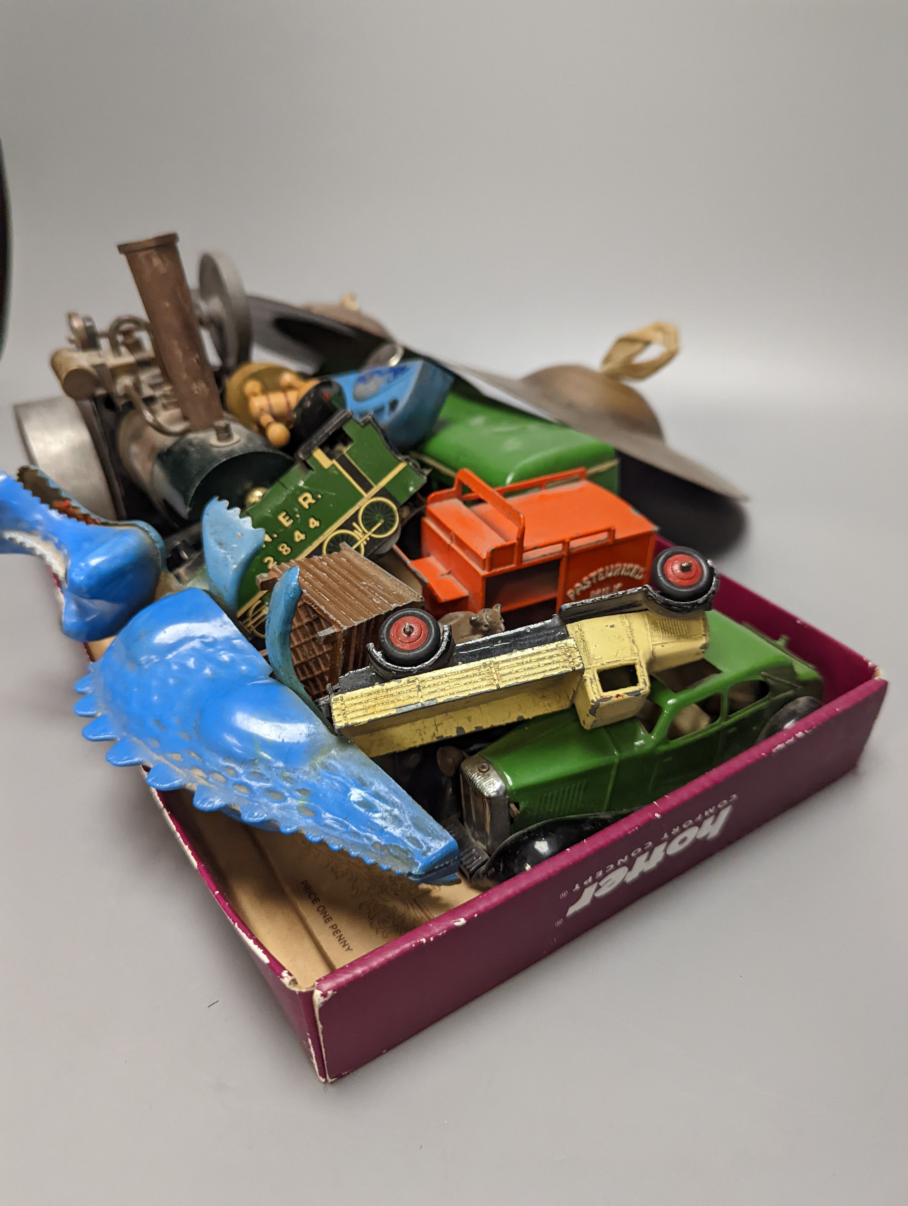 A quantity of mixed toy cars including Dinky and a steam engine